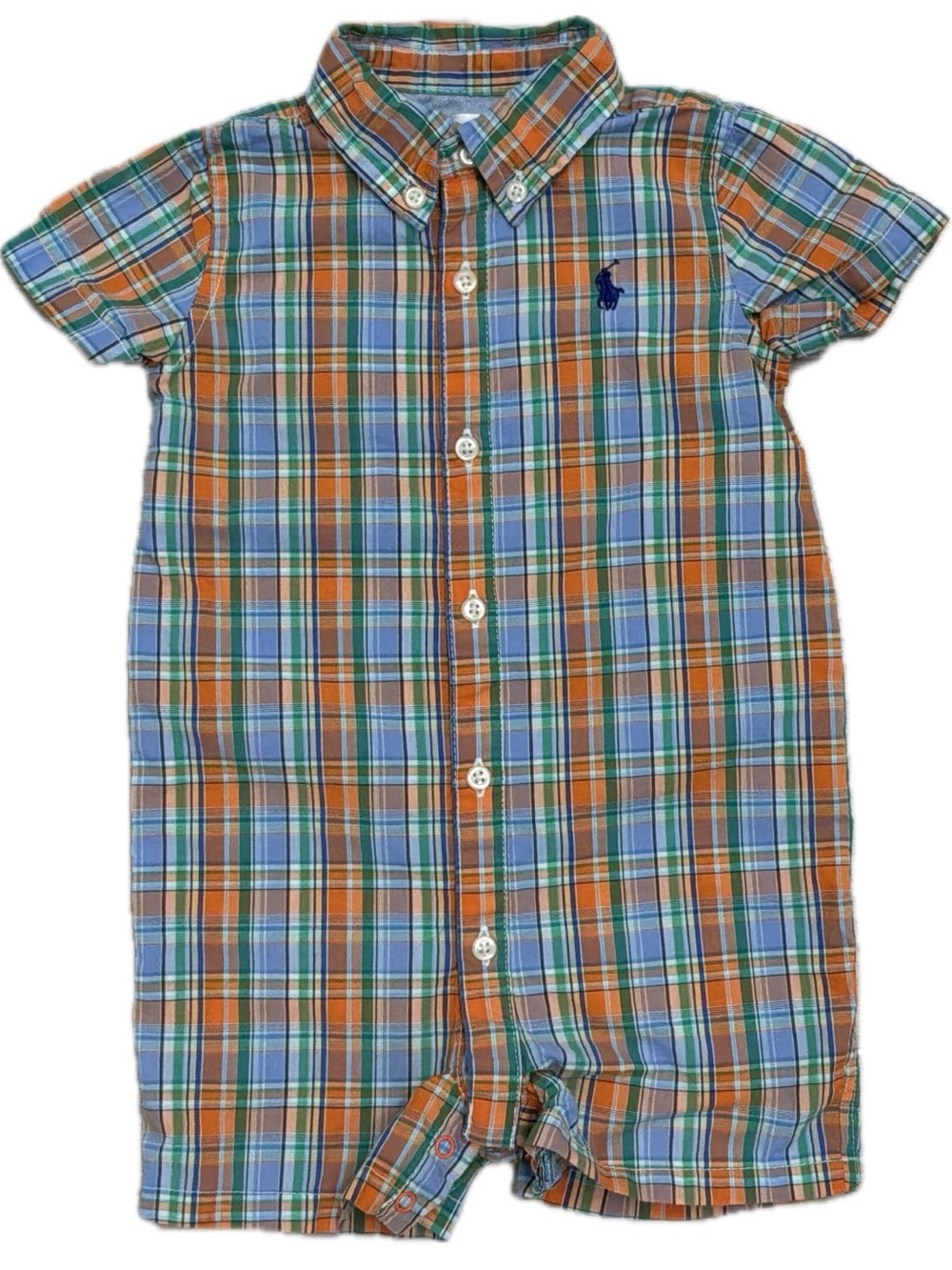 Ralph Lauren Orange and Light Blue Plaid Button-Front Romper